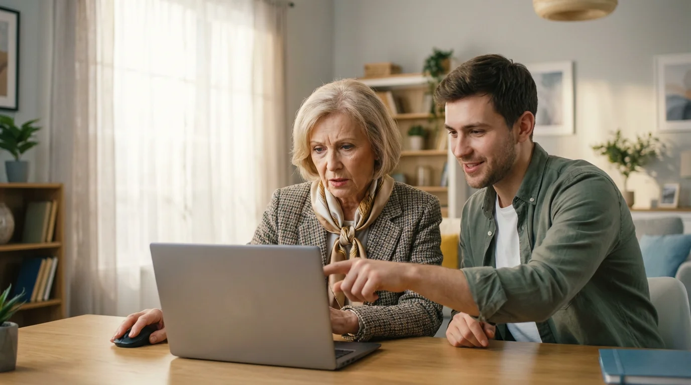 A senior woman and a younger person at a laptop learning about online security.
