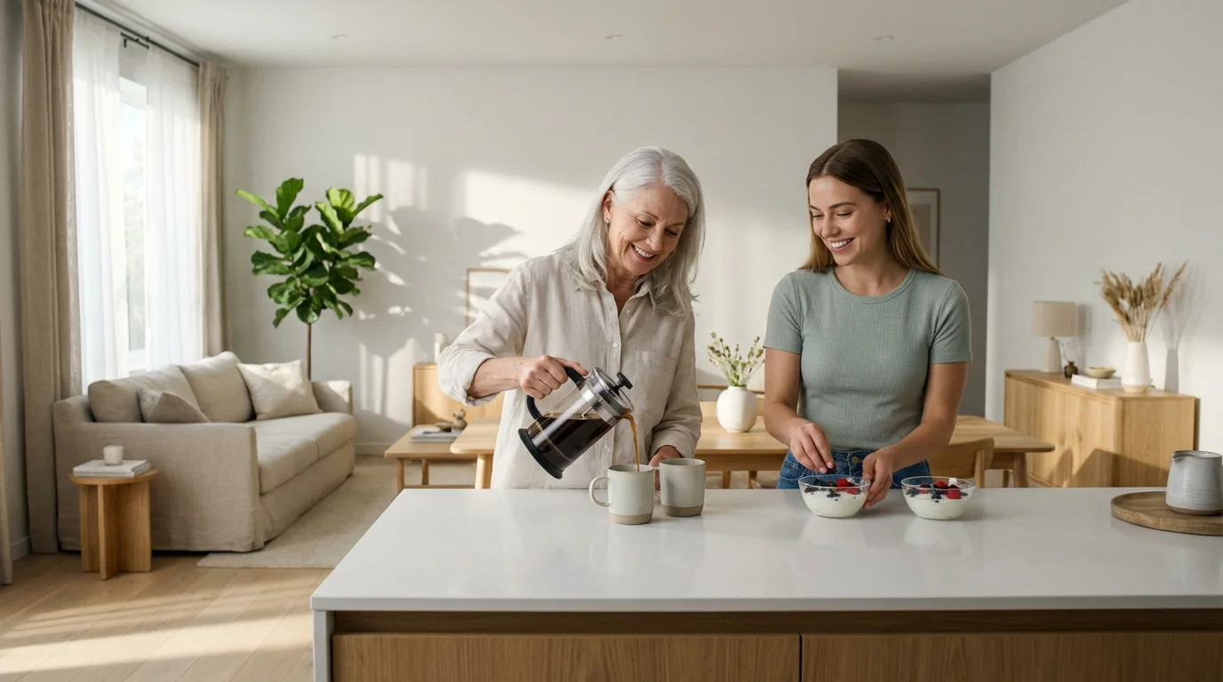 A senior woman and a younger woman making breakfast together in a modern kitchen.
