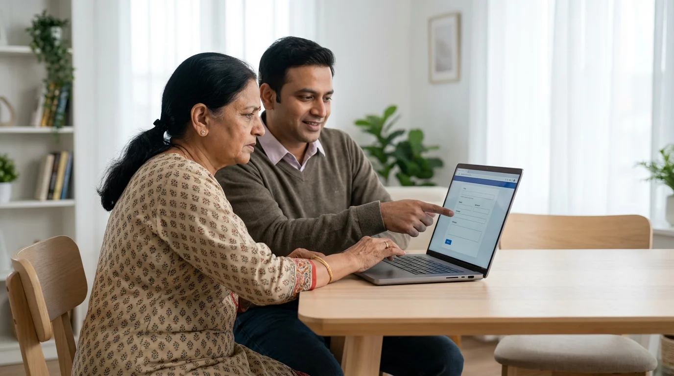 A senior woman and her adult son using a laptop to report online.