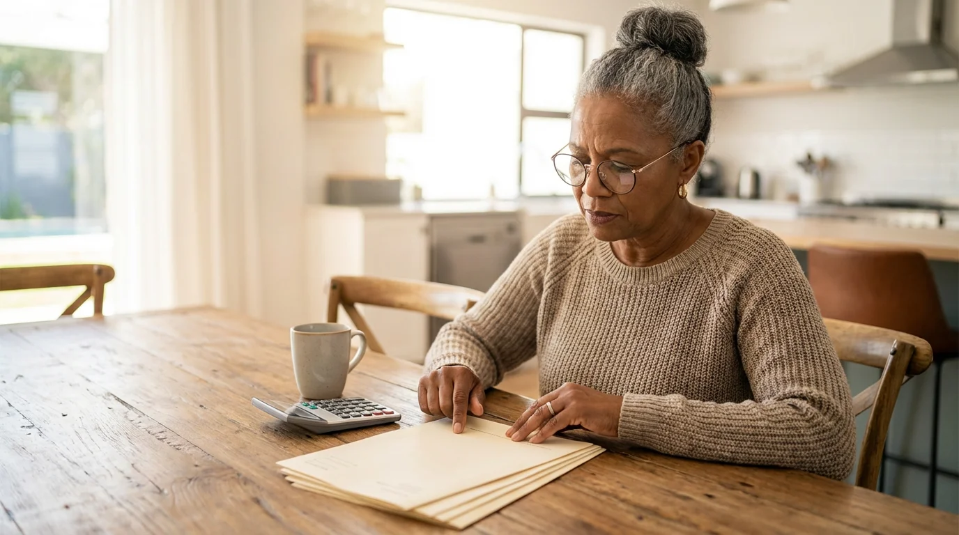 A senior woman at a table with documents, researching housing and property tax information.