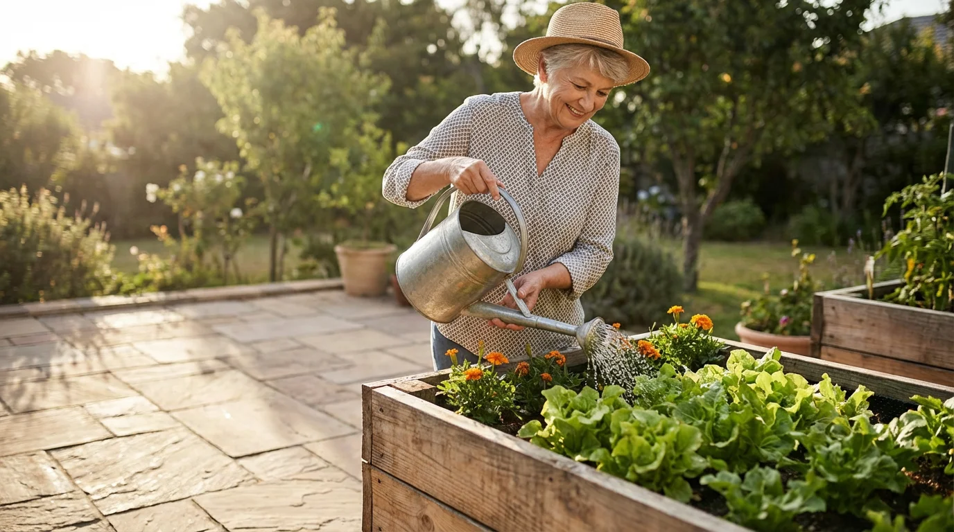 A senior woman comfortably watering her accessible, waist-high raised garden bed on a patio.