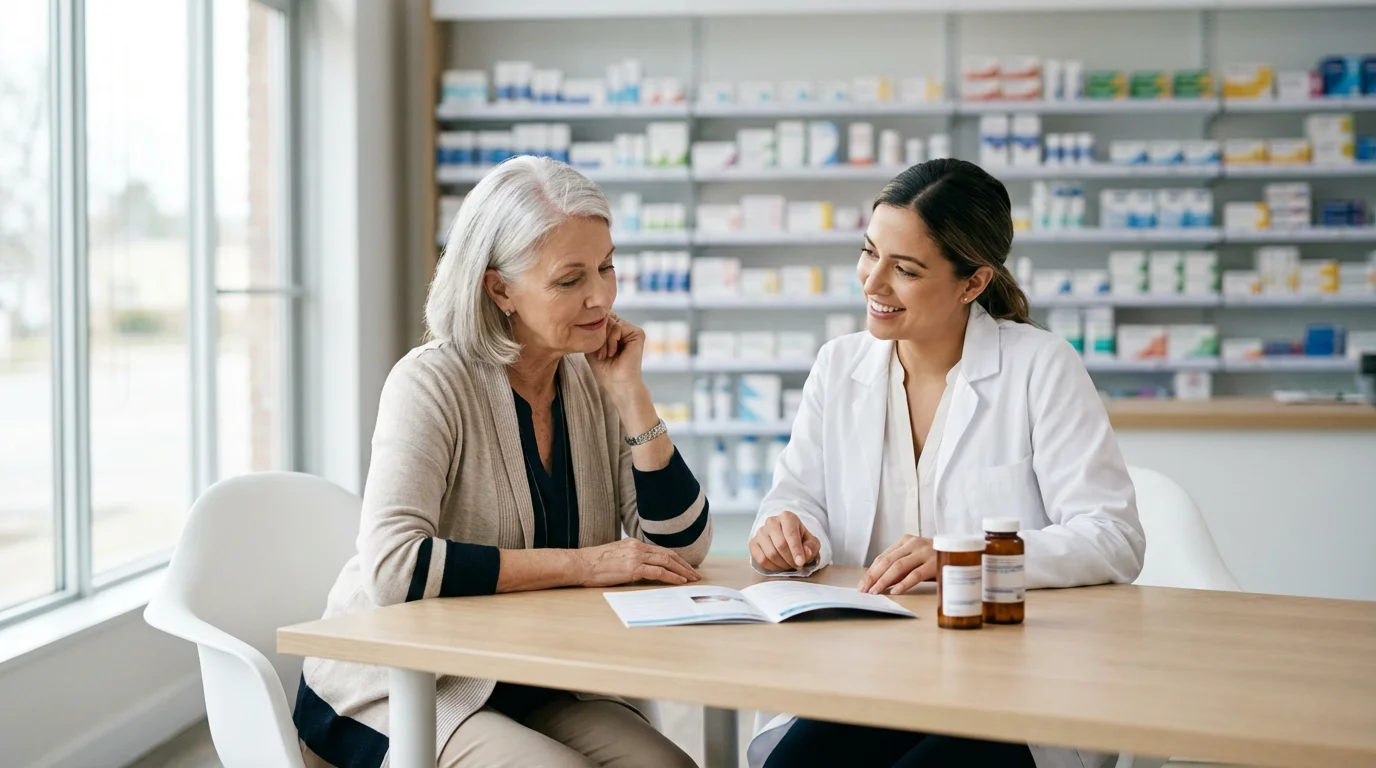 A senior woman having a professional medication consultation with a pharmacist in a modern pharmacy.