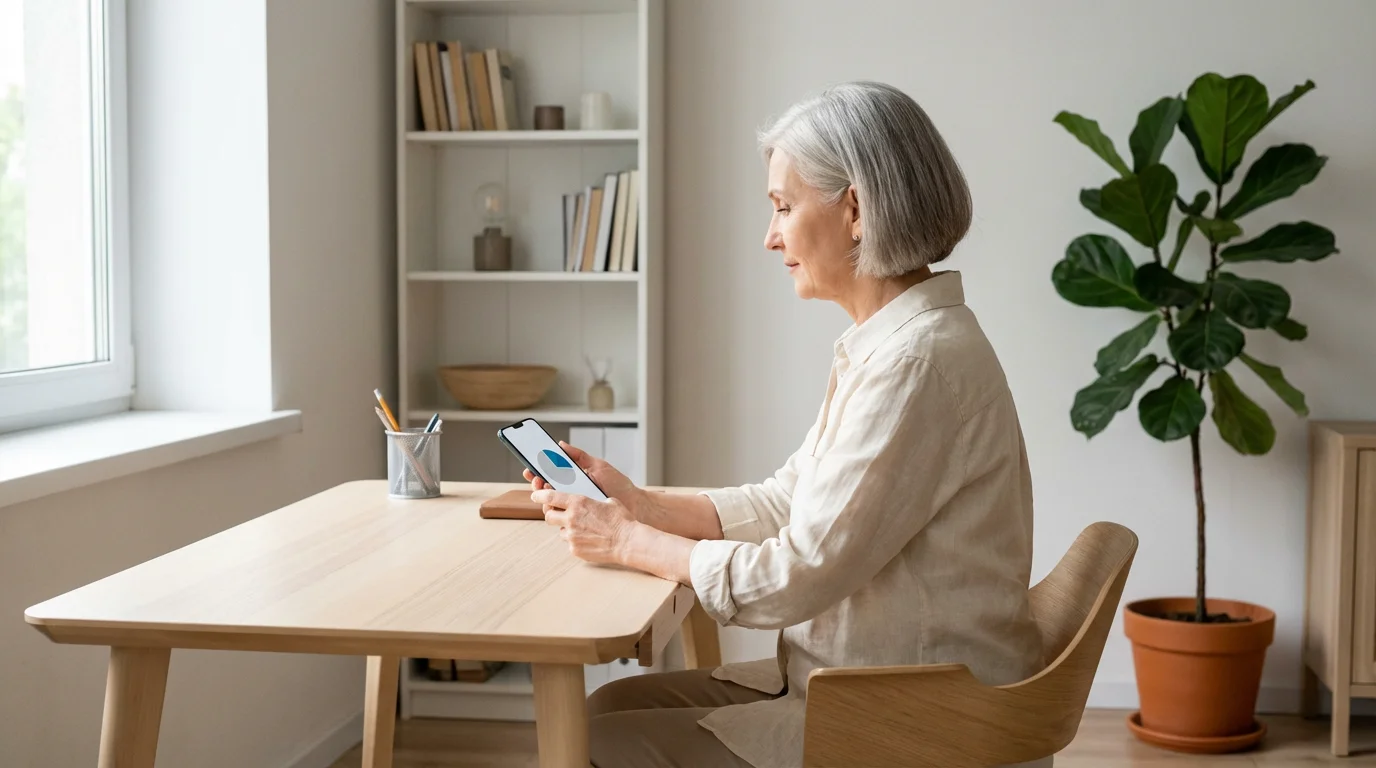 A senior woman in a sunlit home office using a budgeting app on a smartphone.