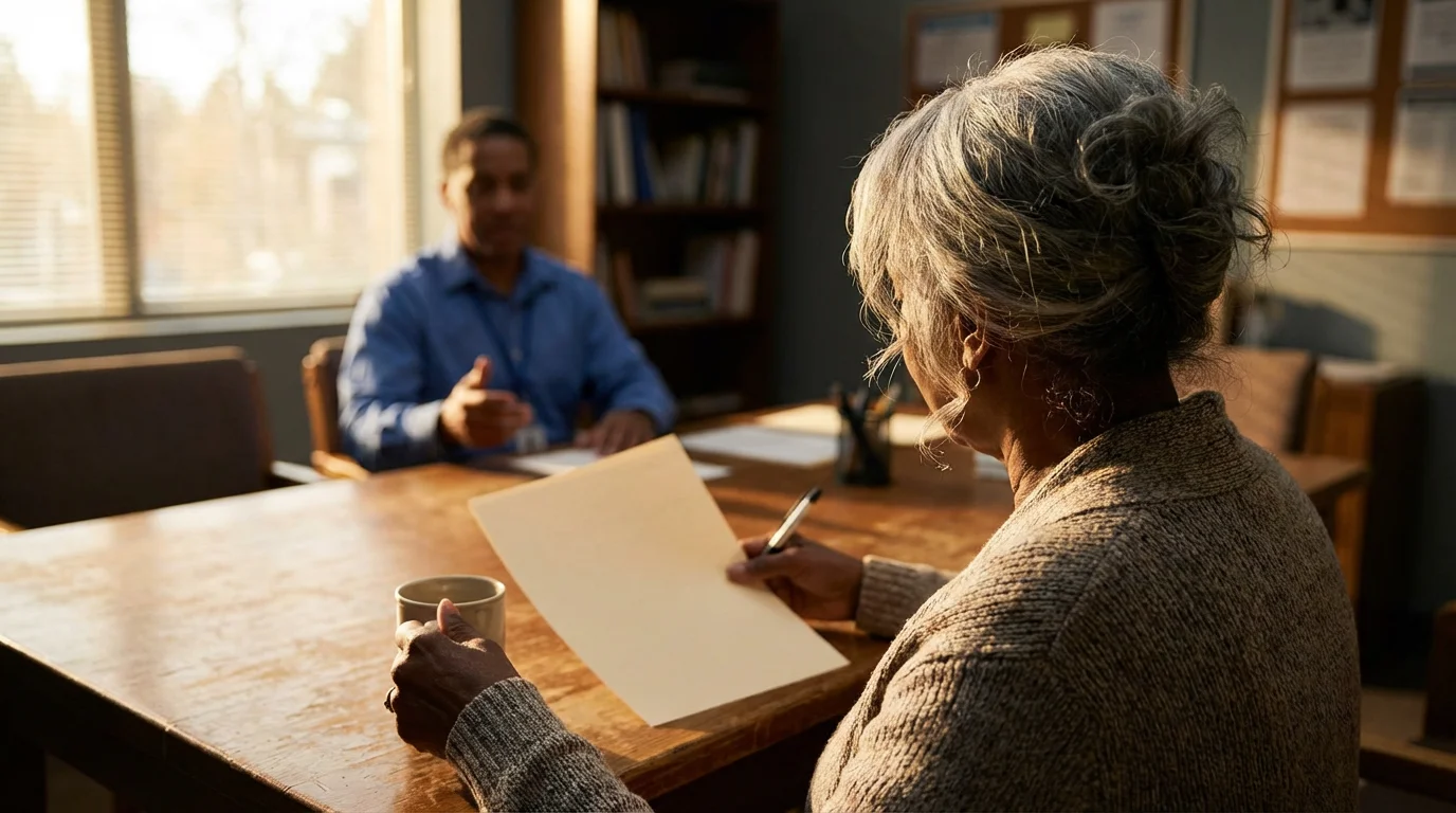 A senior woman meets with a program coordinator to review eligibility paperwork in an office.