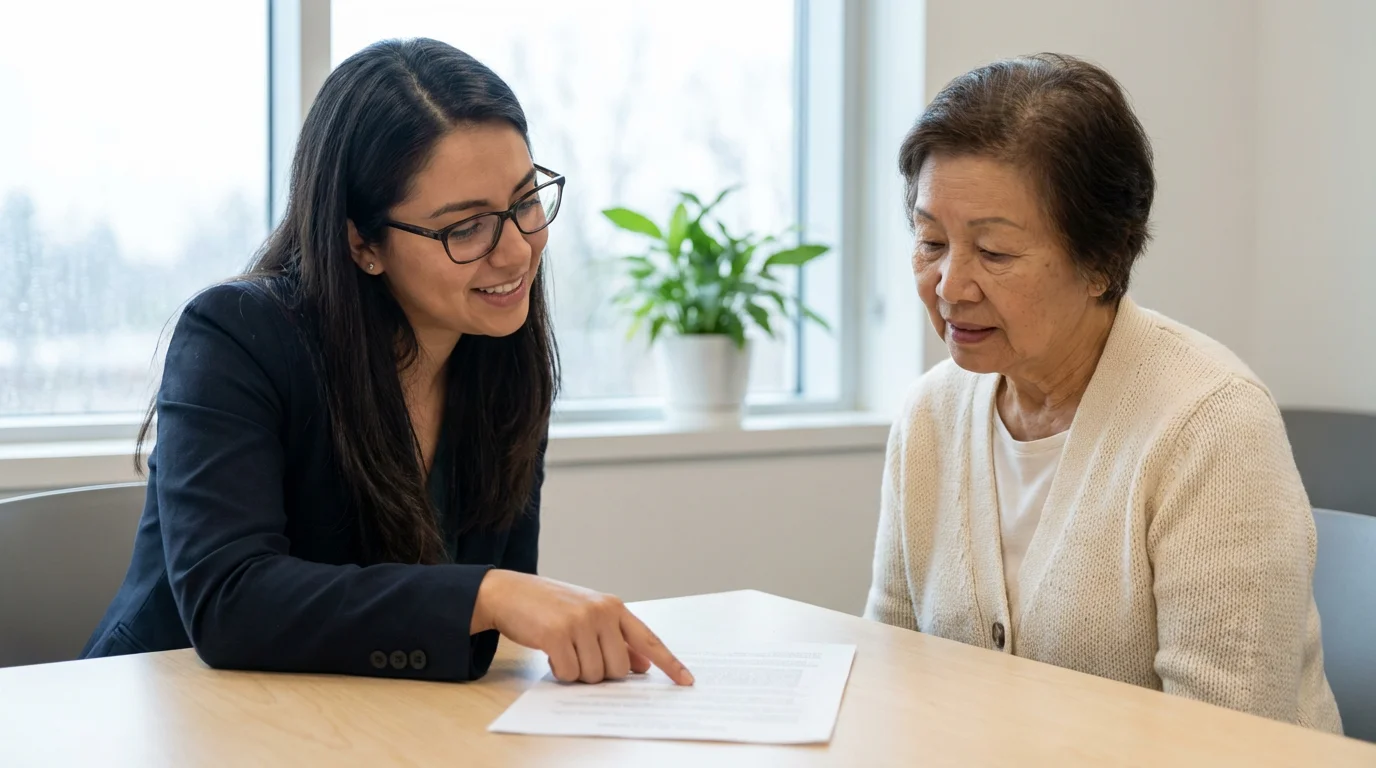 A senior woman meets with a young legal aid lawyer in a bright, modern office.