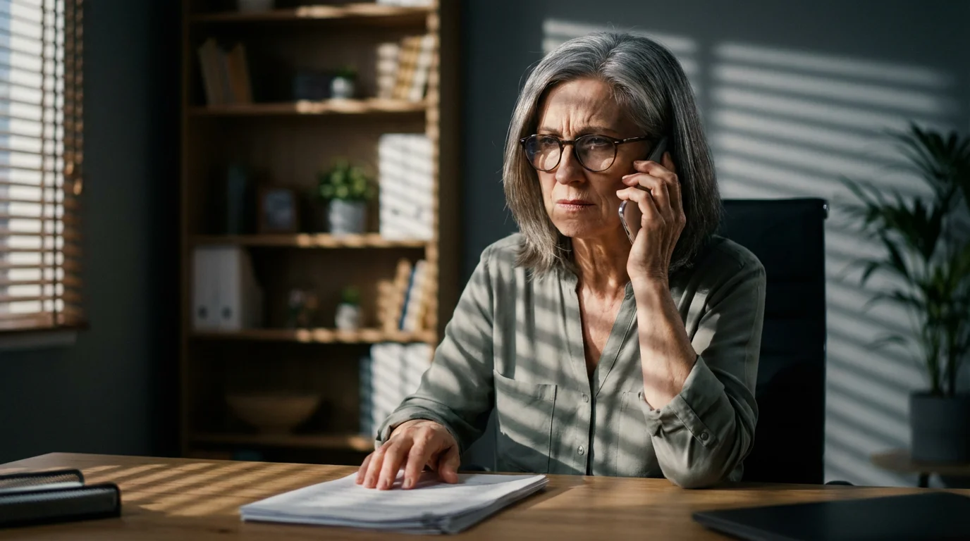 A senior woman on the phone looking skeptical, concerned about a potential scam call.