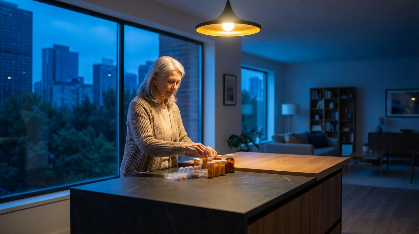 A senior woman organizing medications in a modern kitchen during the evening blue hour.