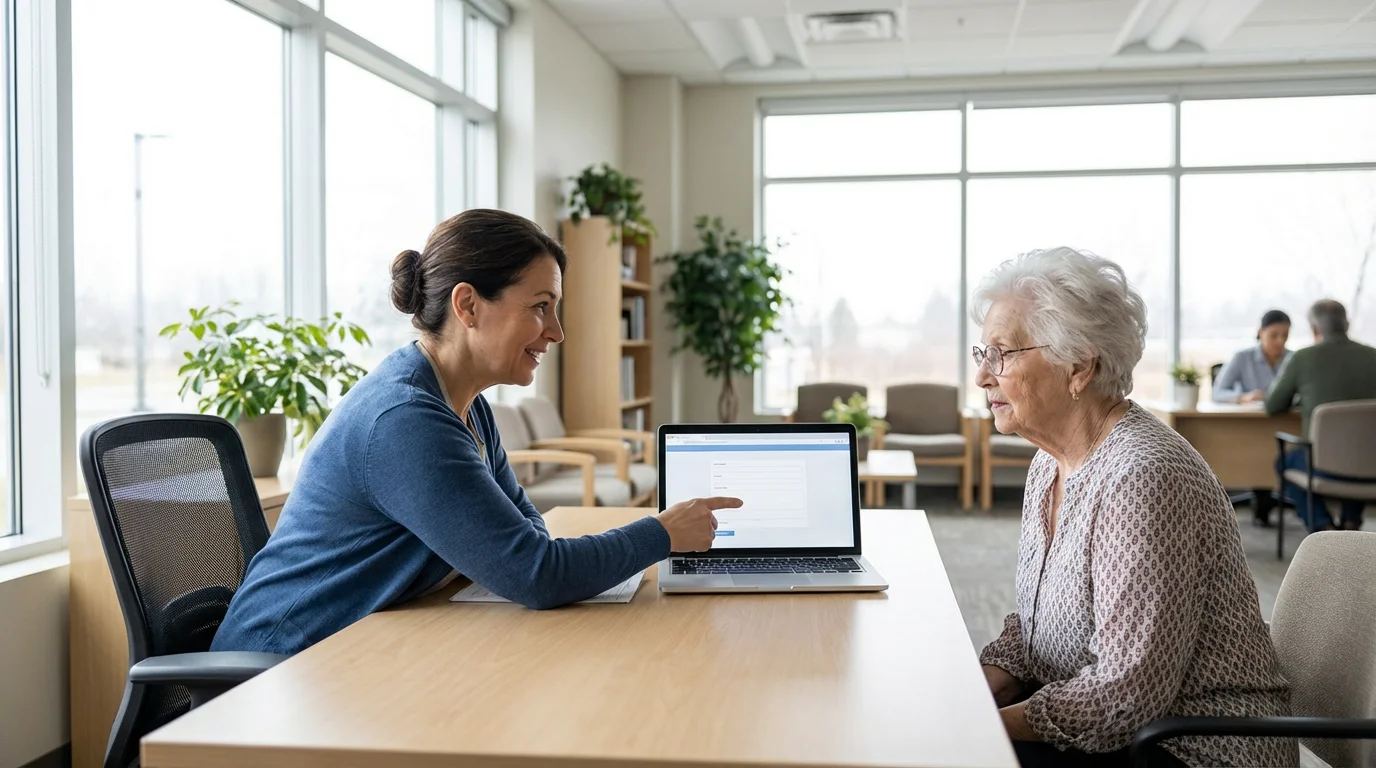 A senior woman receives assistance with an online SNAP application from a caseworker.