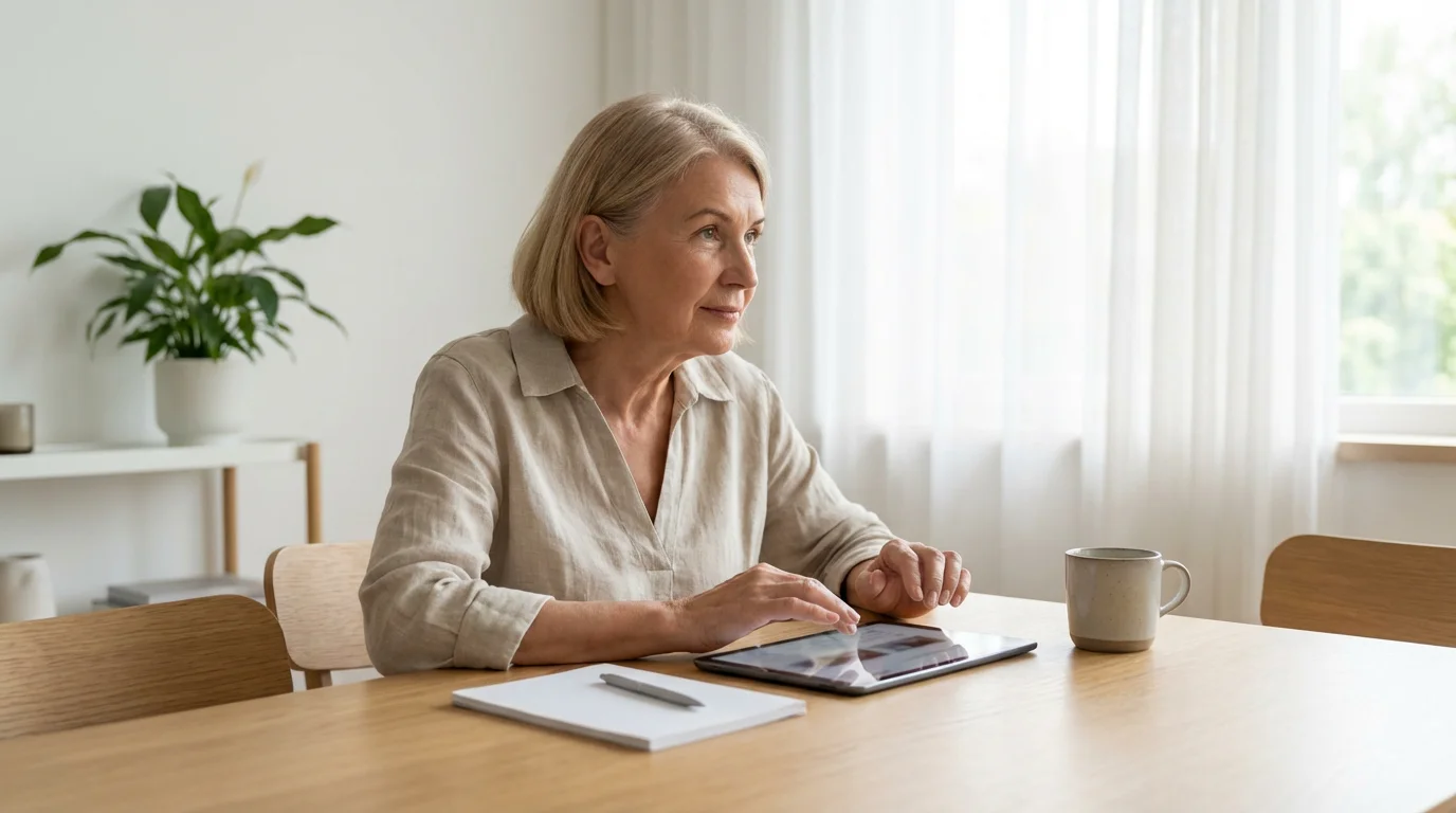 A senior woman researches housing resources on a tablet in a sunlit modern home.