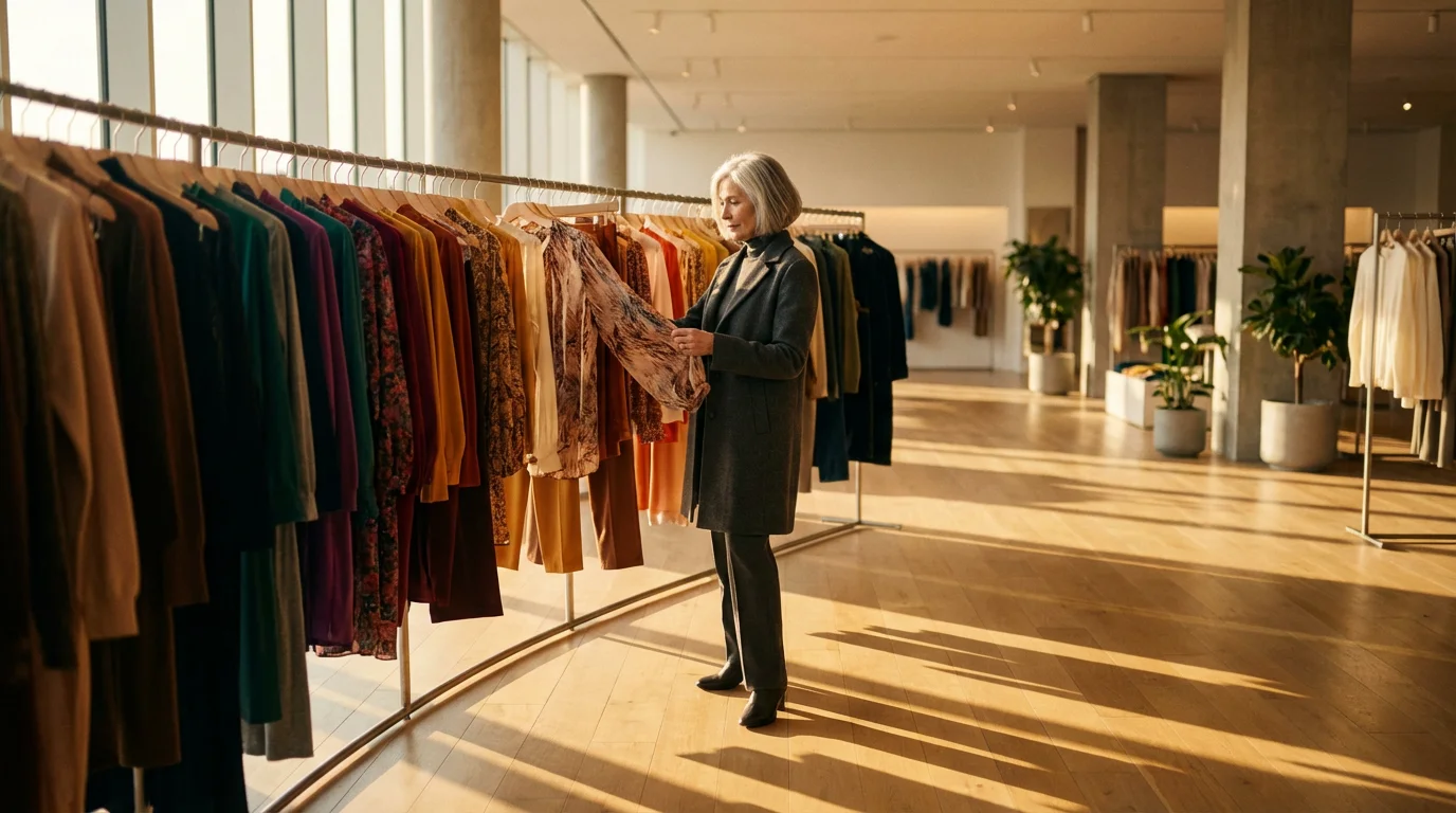 A senior woman shopping for apparel in a sunlit, modern department store aisle.