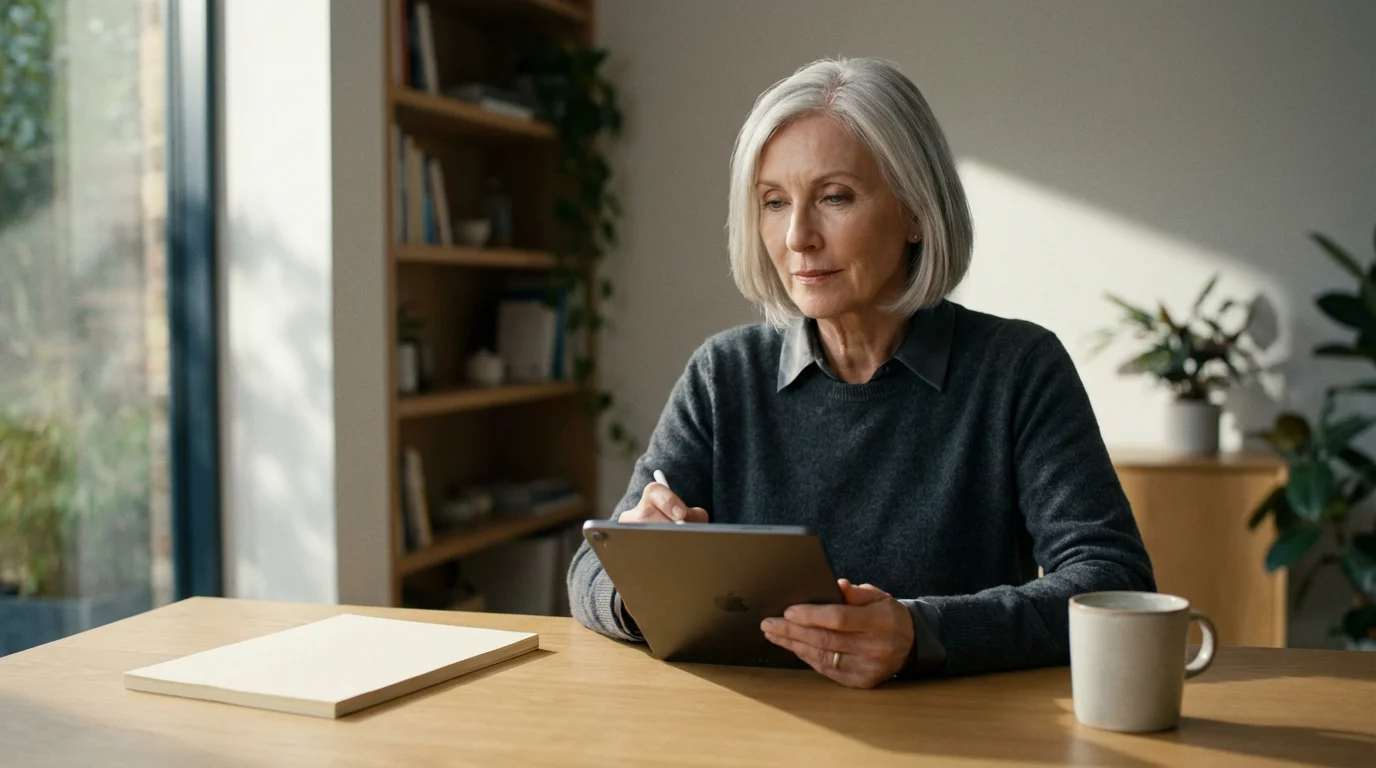 A senior woman sits at a desk with a tablet, planning her retirement healthcare.