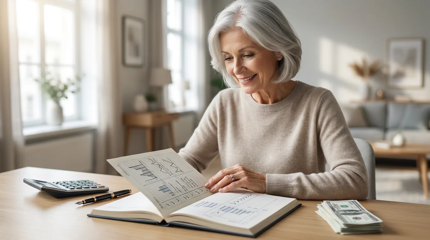 A senior woman sits at a sunlit desk reviewing hand-drawn financial charts in a notebook.