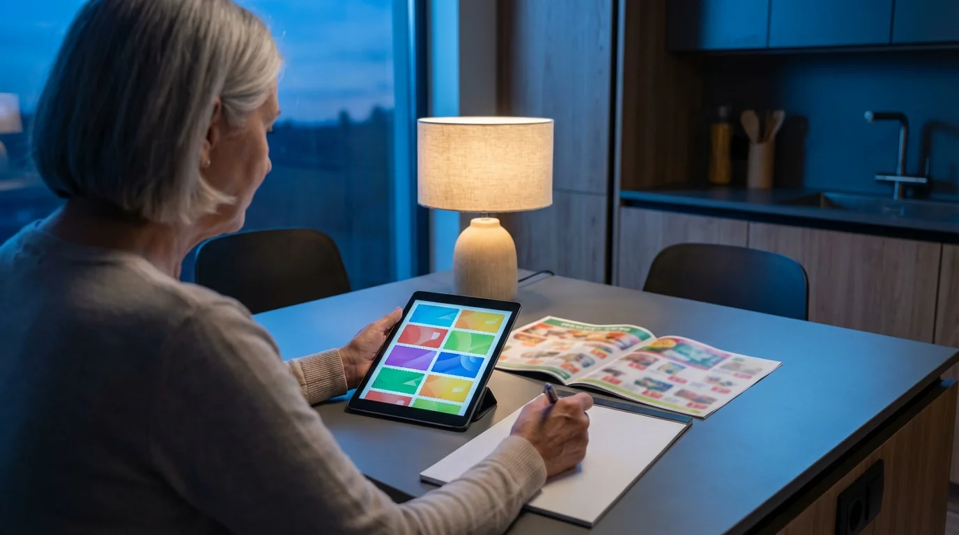 A senior woman sits at a table in the evening planning her grocery budget.