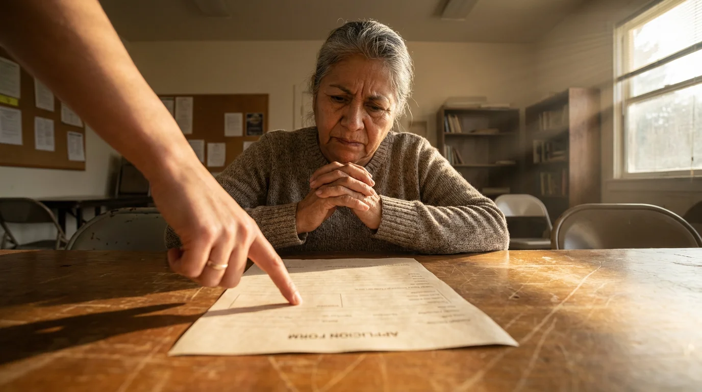 A senior woman sits at a table receiving one-on-one help with a blank form.