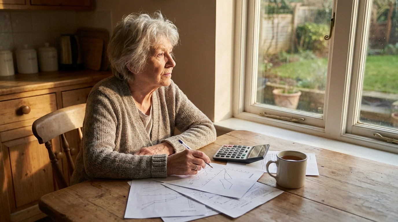 A senior woman sits at her kitchen table with a calculator, planning her budget.