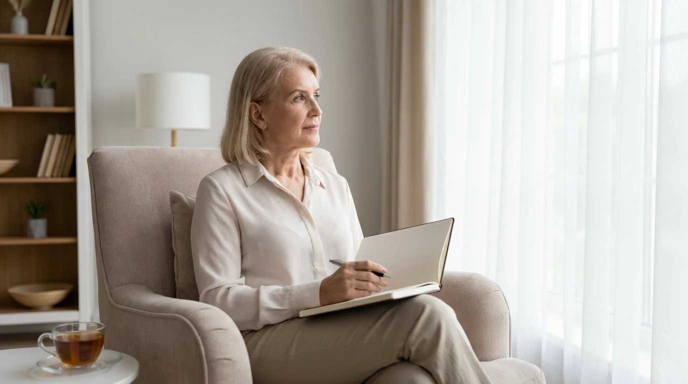 A senior woman sits in a sunlit living room, thoughtfully reviewing a notebook.