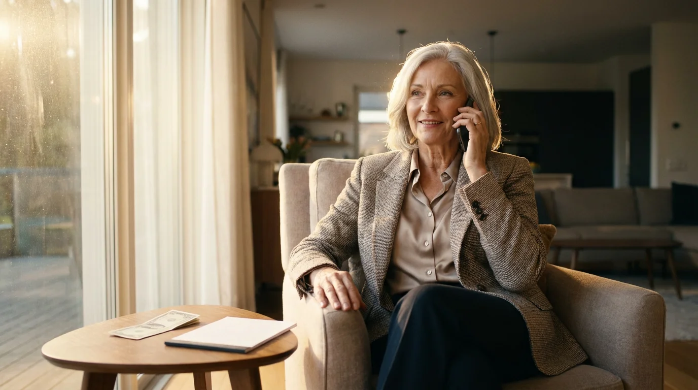 A senior woman sits in an armchair, smiling calmly while on a phone call.