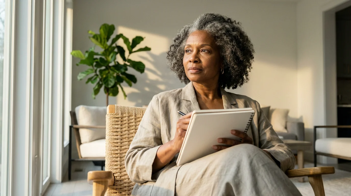 A senior woman sits thoughtfully in an armchair with a notebook, planning for retirement healthcare.