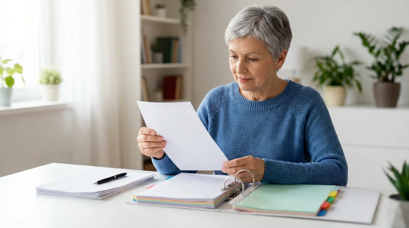 A senior woman sitting at a bright, modern desk organizing documents into a binder.