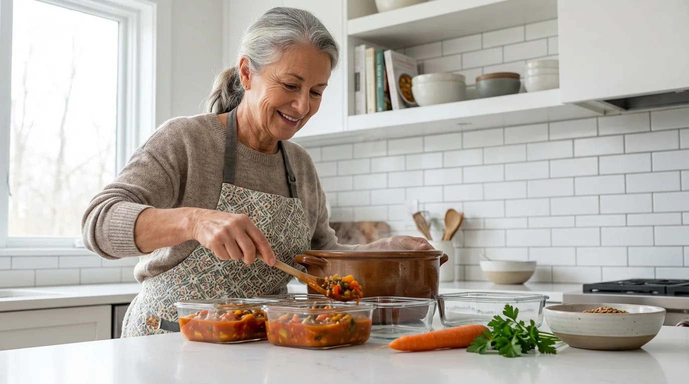 A senior woman smiling while batch prepping vegetable stew in a modern, bright kitchen.