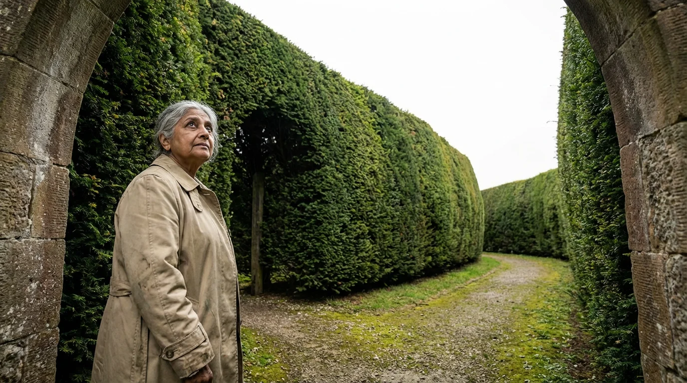 A senior woman standing thoughtfully at the entrance to a large, complex hedge maze.