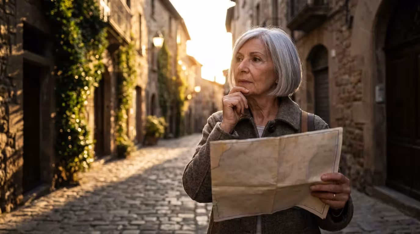 A senior woman stands thoughtfully on a cobblestone street in a foreign city.