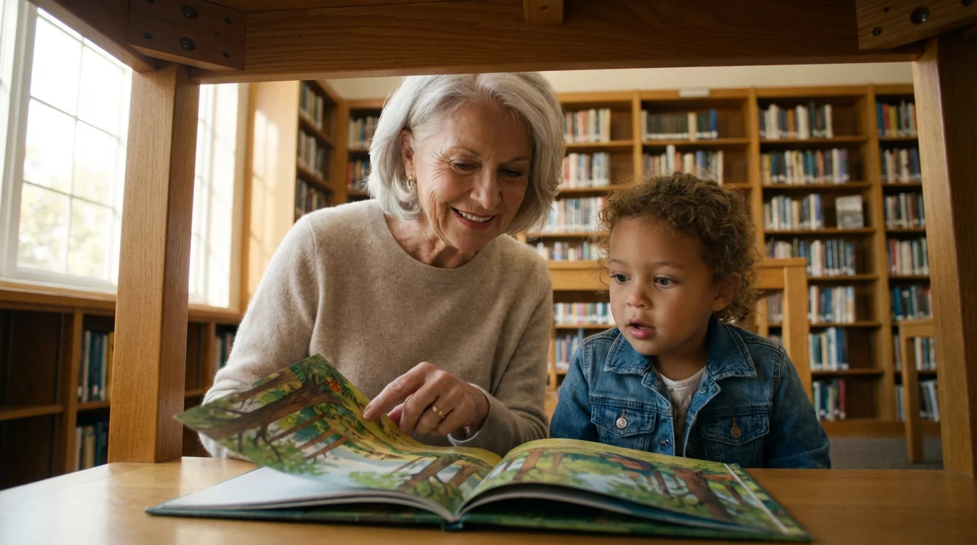 A senior woman volunteer sits at a library table reading a book with a child.