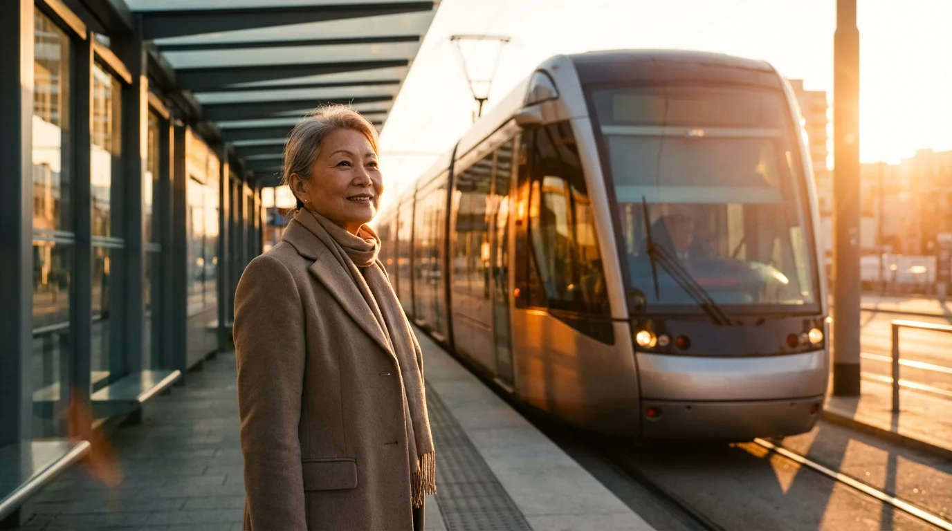 A senior woman waits for a modern light rail train on a platform at sunset.