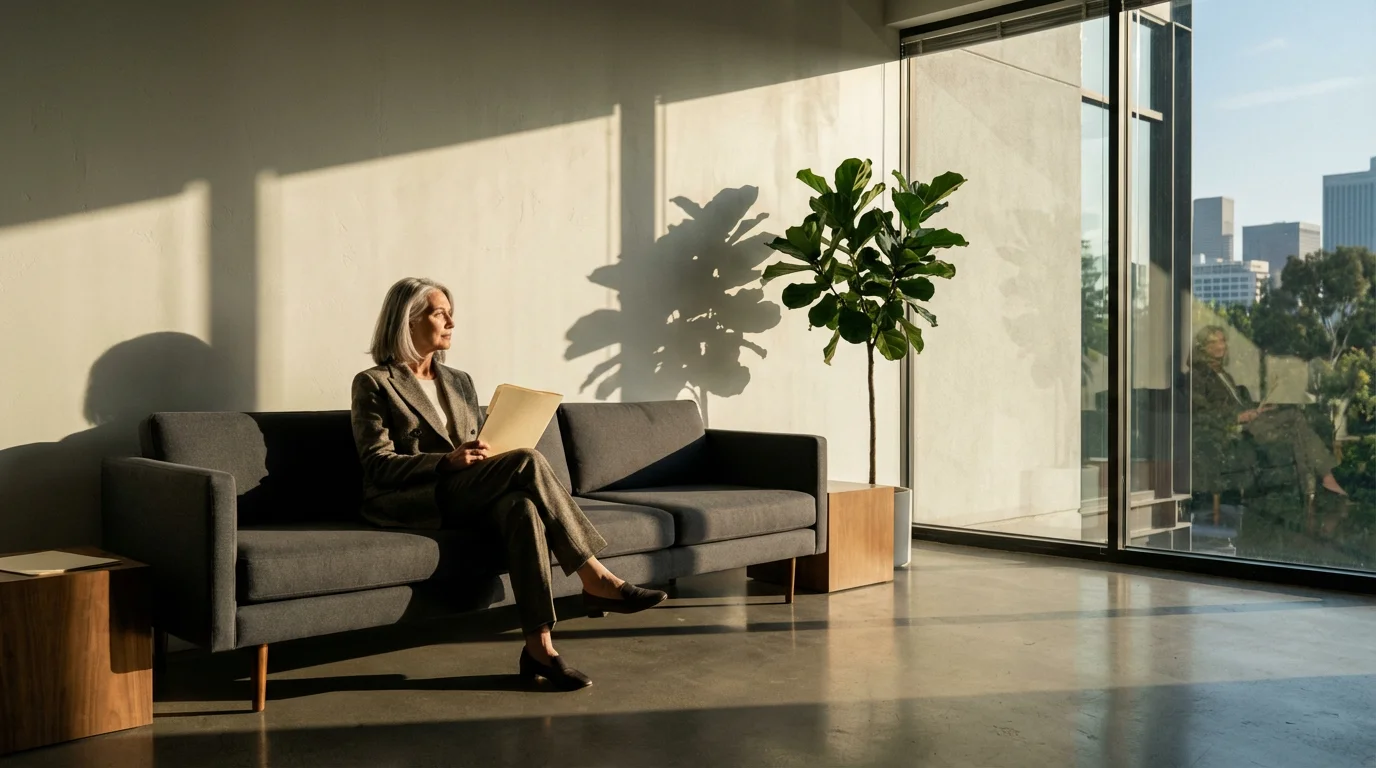 A senior woman waits thoughtfully in a modern, sunlit office for a volunteer interview.
