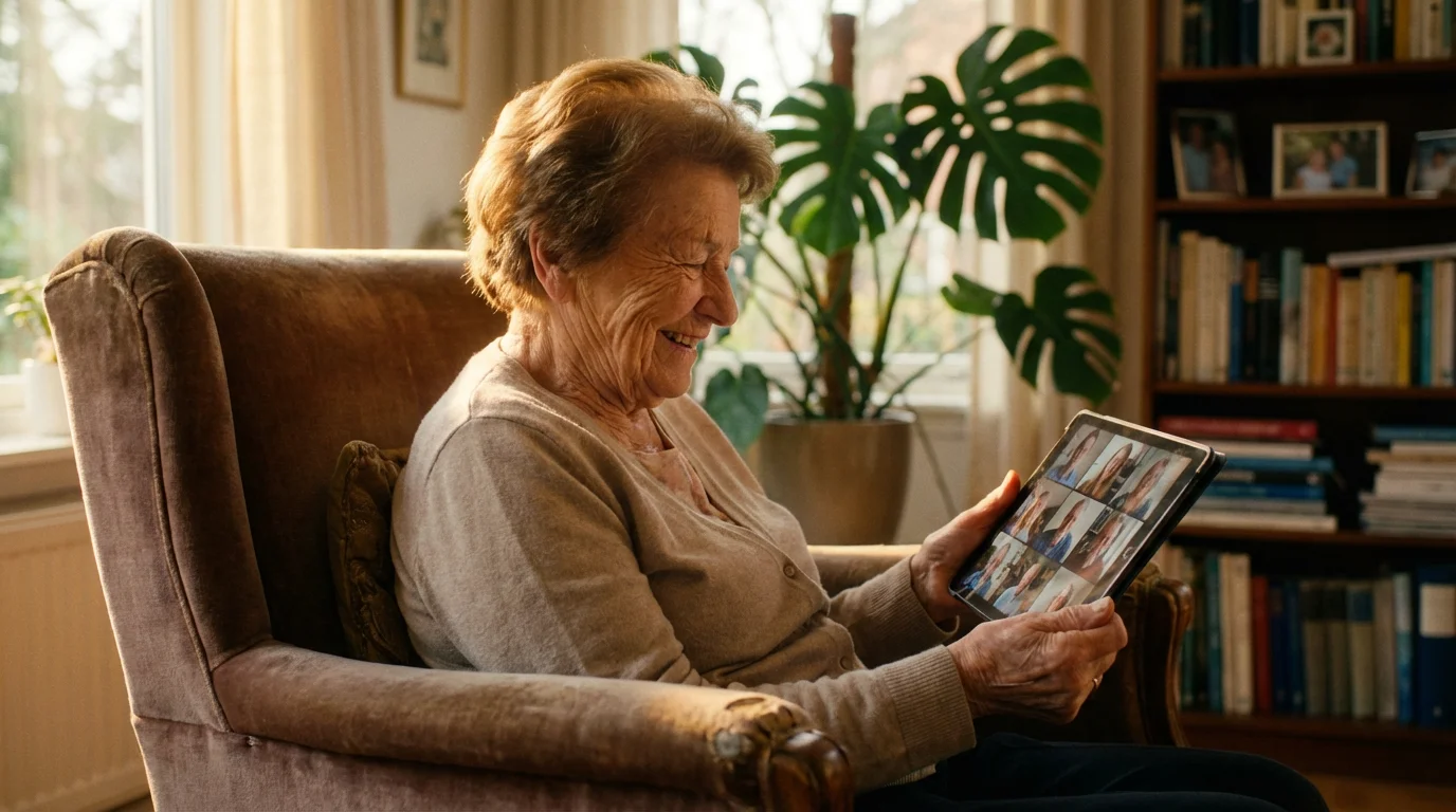A senior woman with a happy expression using a tablet in a sunlit living room.