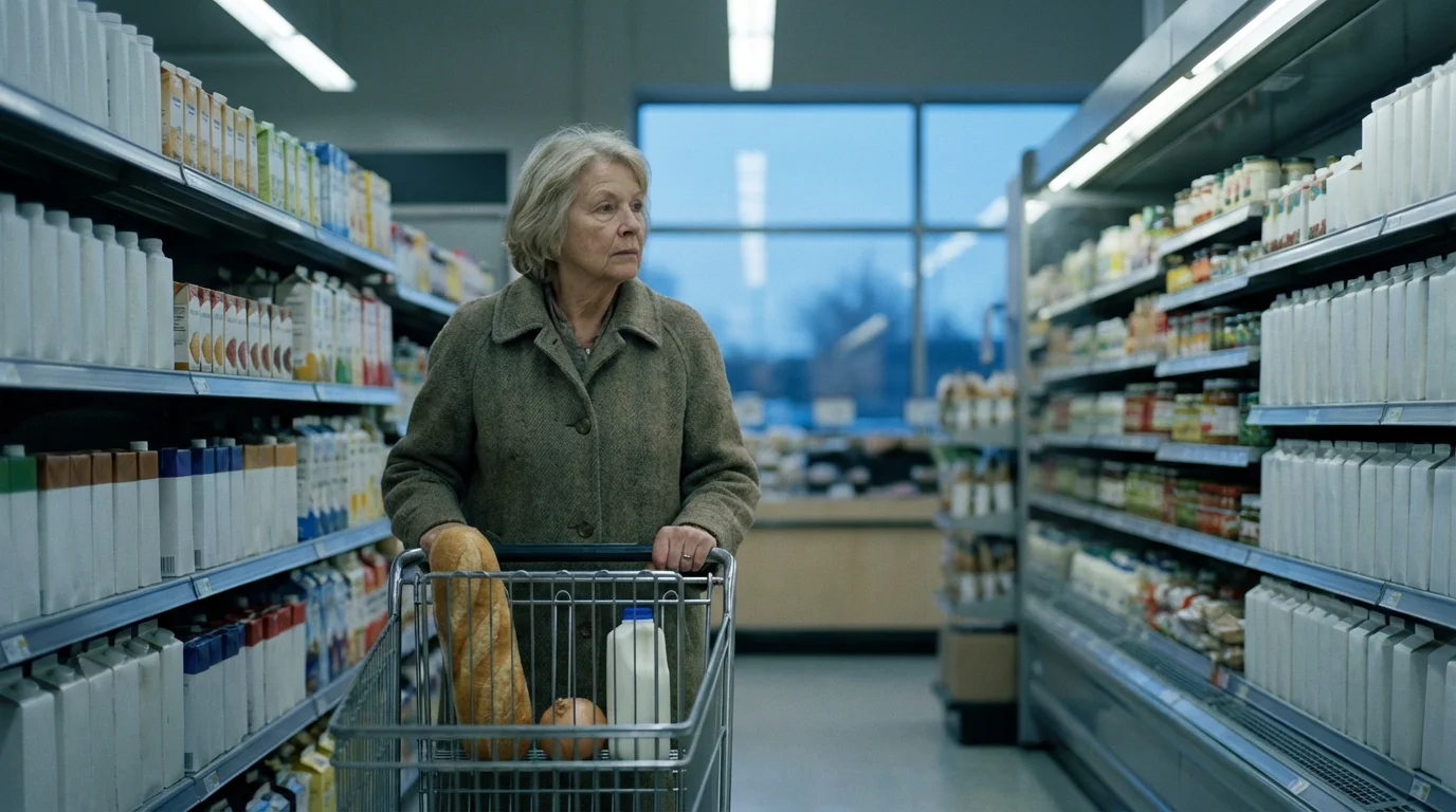 A senior woman with a nearly empty shopping cart looking at groceries.