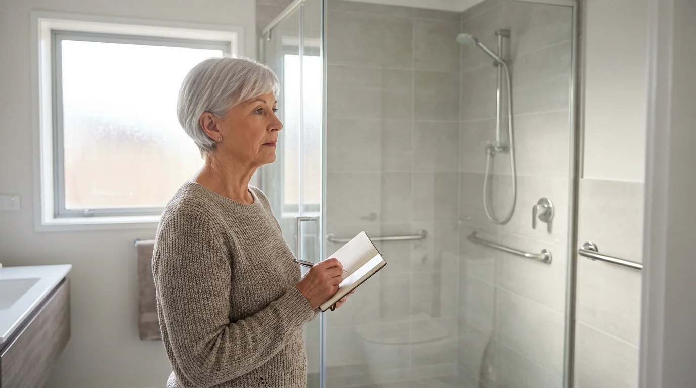 A senior woman with a notepad thoughtfully assessing her modern bathroom for accessibility modifications.