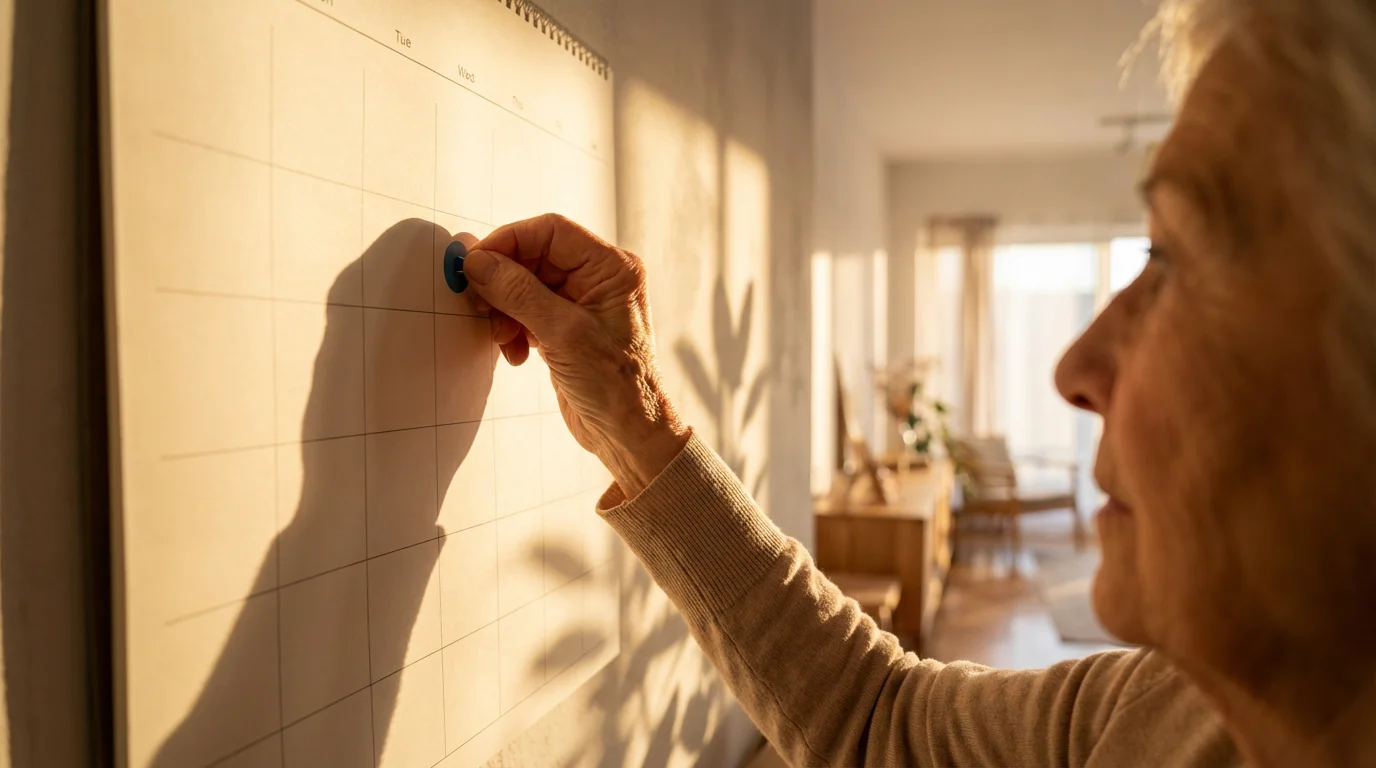 A senior woman's hand places a pin on a large wall calendar during sunset.