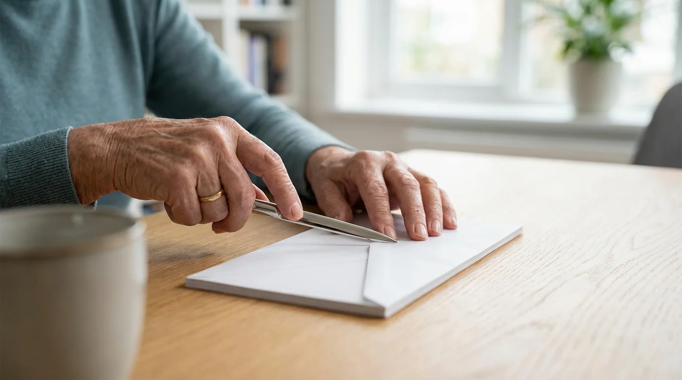 A senior woman's hands carefully opening an official-looking envelope with a letter opener.