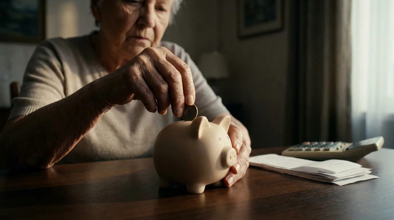 A senior woman's hands carefully putting coins into a piggy bank on a desk.
