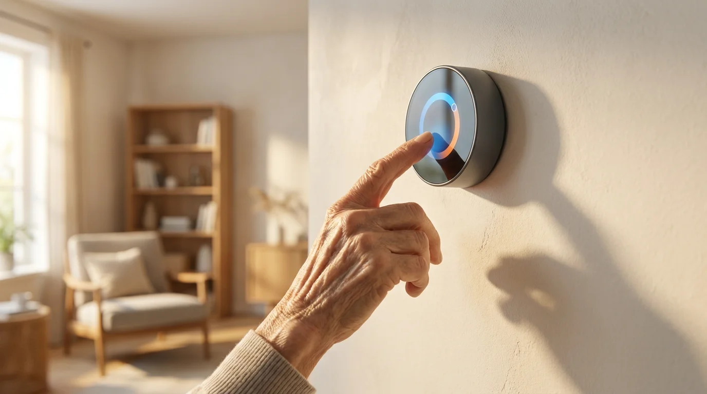 A senior's hand adjusting a modern smart thermostat on a wall in soft morning light.