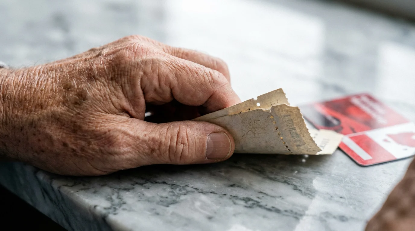 A senior's hand holding entertainment tickets and a membership card on a counter.