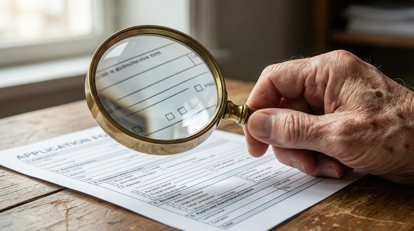 A senior's hand holds a magnifying glass over an application, carefully reviewing the details.