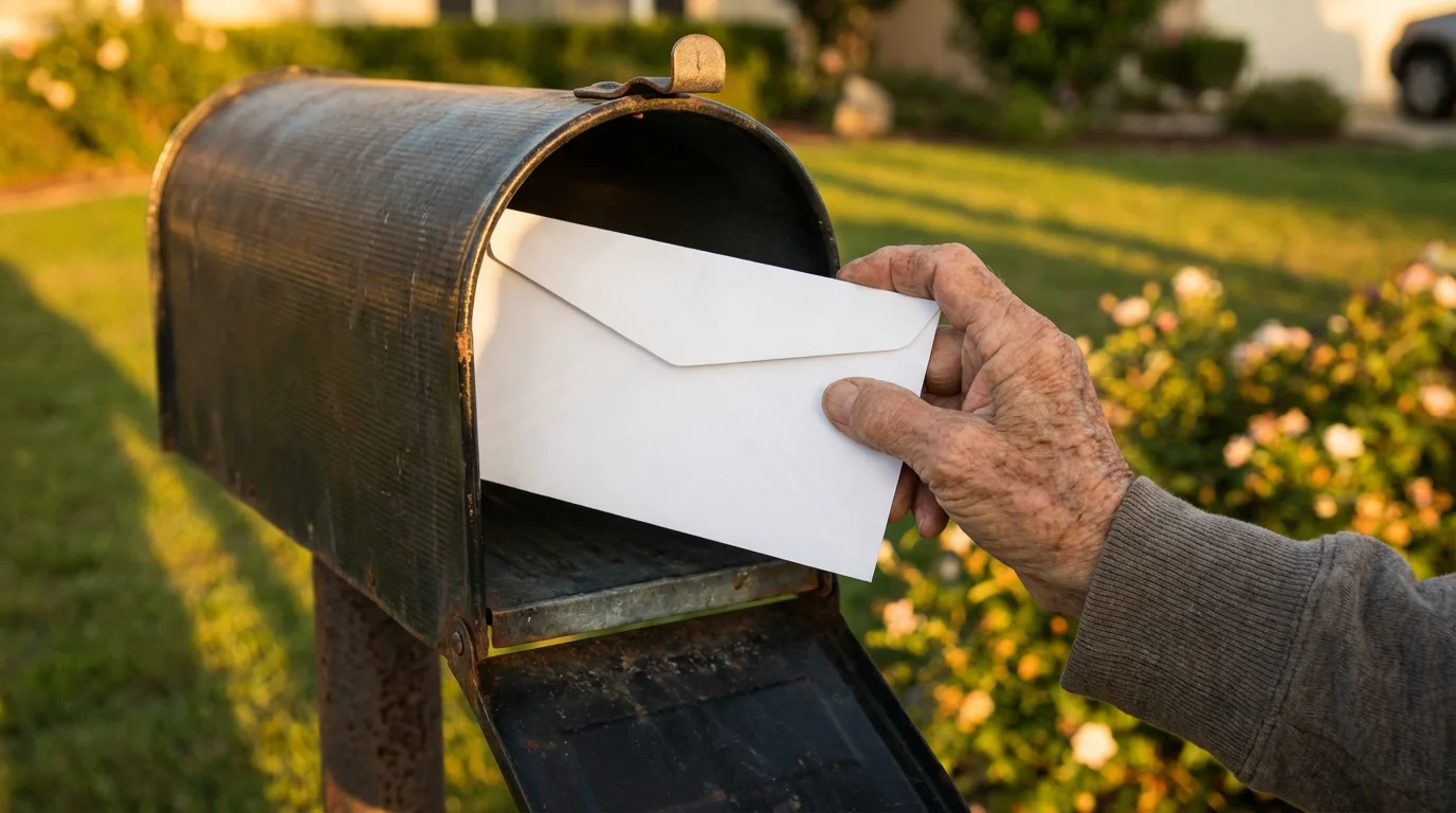 A senior's hand retrieving a white envelope from a mailbox during a warm sunset.