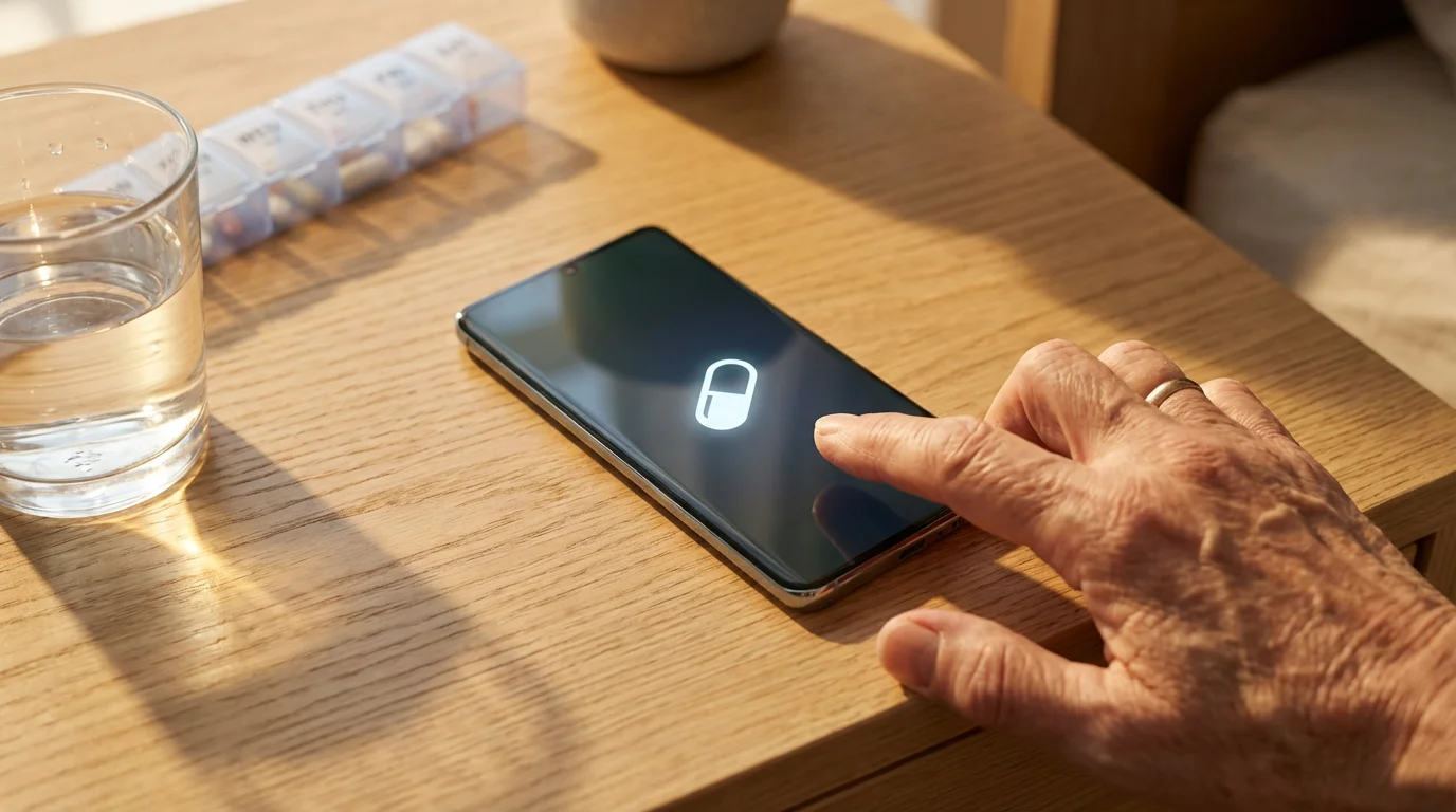 A senior's hand tapping a smartphone with a medication reminder app on a bedside table.