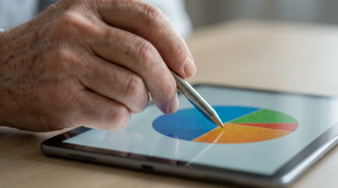 A senior's hand uses a stylus on a tablet displaying a colorful financial pie chart.