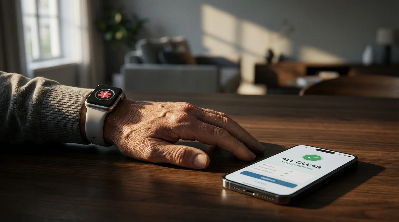 A senior's hand wearing a modern medical alert device on a wooden table.