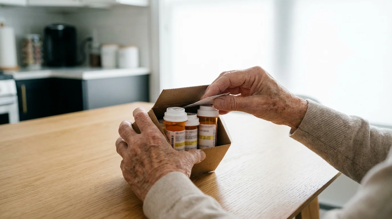 A senior's hands unpacking a mail-order delivery of prescription medication on a kitchen table.