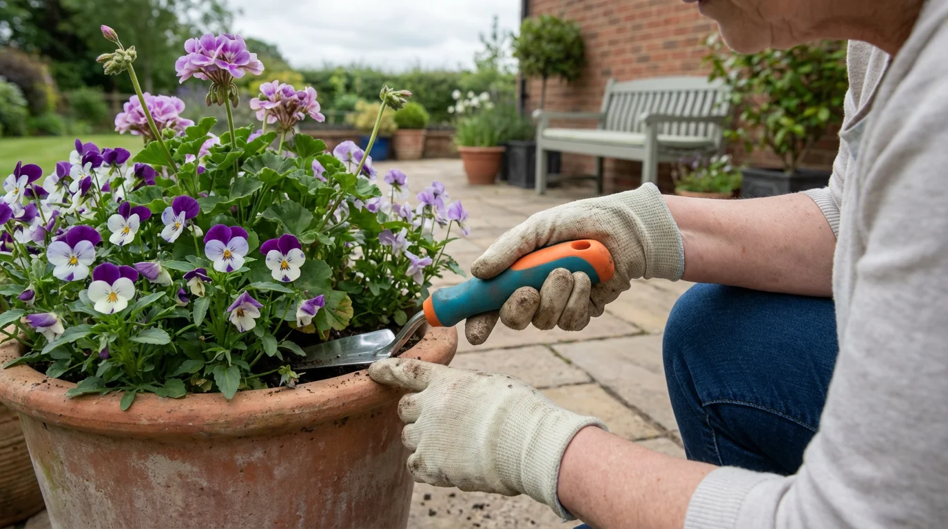 A senior's hands using an ergonomic weeder with a cushioned grip in a container garden.