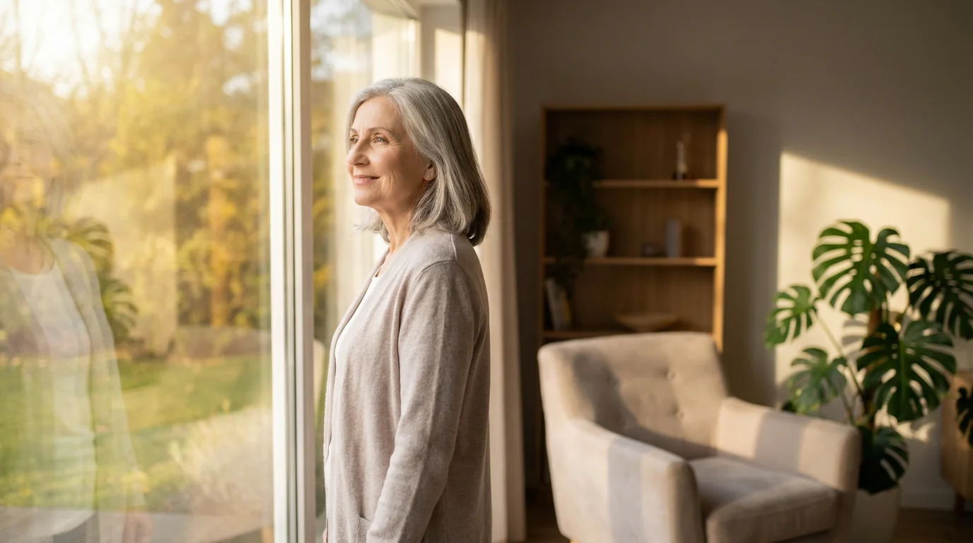 A serene older woman smiles softly, looking out a window during golden hour.