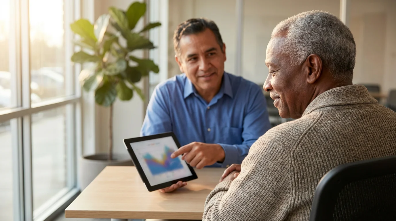 A SHIP counselor helps a senior man understand his health insurance options on a tablet.