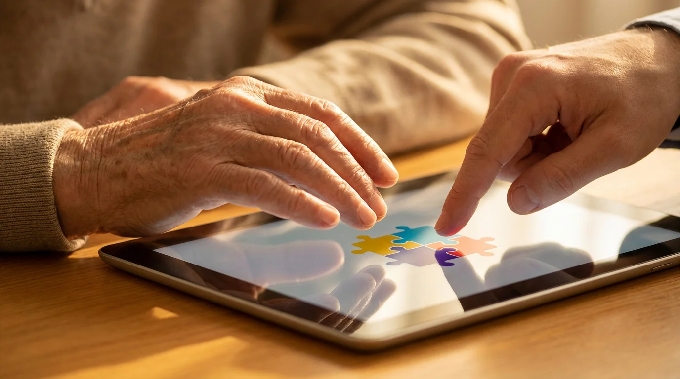 A supportive younger hand guides an older person using a digital tablet during sunset.