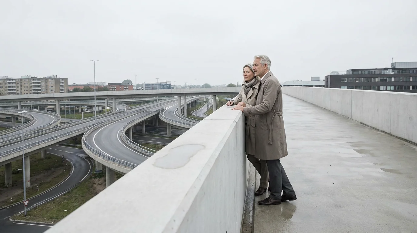 A thoughtful mature couple on an overpass looking down at a complex highway interchange.