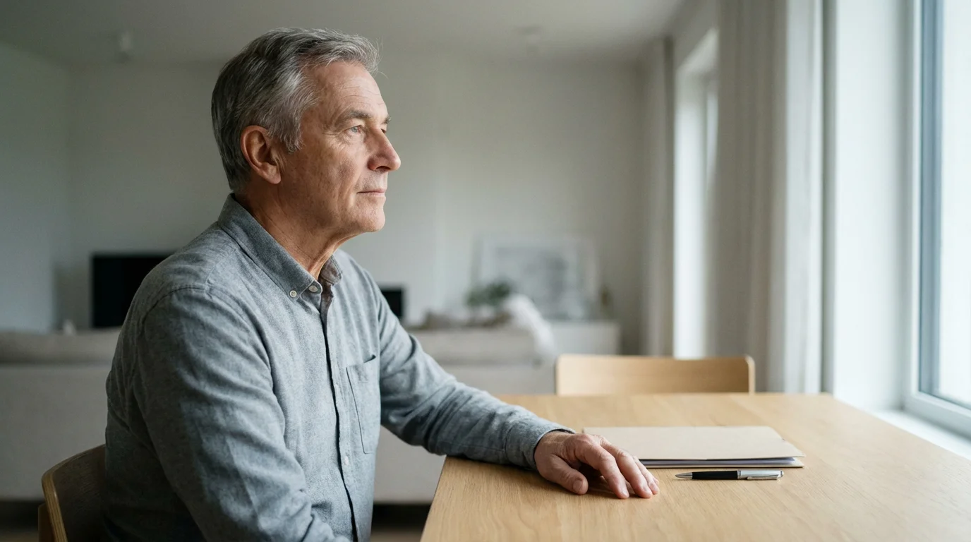 A thoughtful senior man sits by a window with a closed document folder nearby.