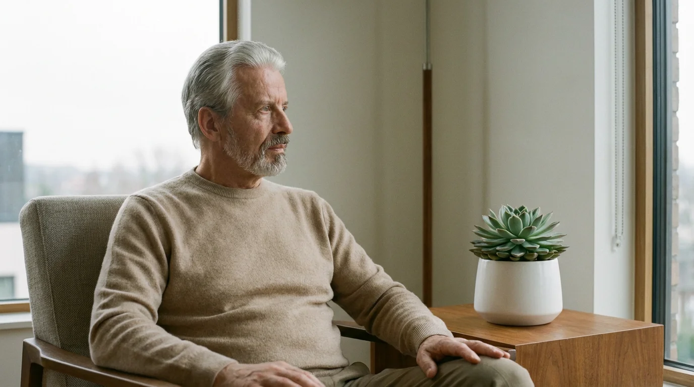 A thoughtful senior man sits in an armchair in a brightly lit, modern room.
